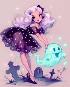 a drawing of a girl with white hair and black dress holding a ghost in her hand