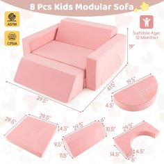 the pink children's modular sofa is shown with measurements