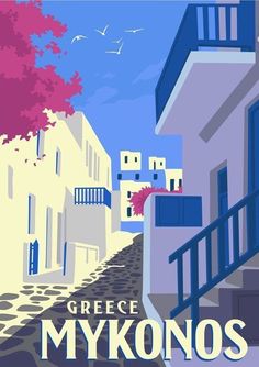 an image of a poster that says greece mykonos