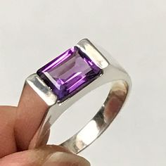 Genuine 2ct Purple Amethyst 925 Solid Sterling Silver Men's Ring Size 7, 8, 9, 10, 11, 12, 13 - Natural Rocks by Kala Mens Gemstone Rings, Amethyst Ring Engagement, Birthday Gift Ring, Ring Man, Mens Ring Sizes, Purple Amethyst Ring, Handmade Engagement Rings, Sterling Silver Mens Rings, Emerald Cut Rings