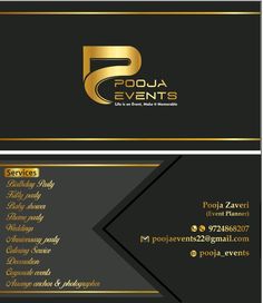 two business cards with gold and black accents on the front, one is for poqua events