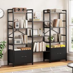 a book shelf with many books on it and a clock in the corner next to it