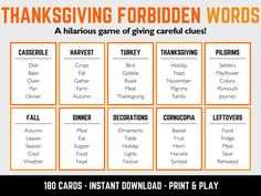 the thanksgiving word family game is shown in orange and black, with words that spell out thanksgiving