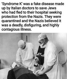 two men in scrubs are doing medical work on a patient's leg, and the caption reads syndrome was fake disease made up by italian doctors to save jers