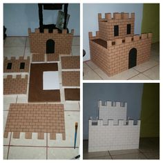 three pictures of a castle made out of cardboard