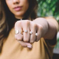 Design The Trilogy Ring is the perfect two finger ring designed to be both comfortable and beautiful. The three pave clusters give off the illusion of diamonds floating in between each finger. You can wear this day or night without any hesitation. Details & Dimensions - 0.75 carats - To order, choose your middle finger size. The second band will be crafted to fit 1 size smaller for your ring finger. Single Cut Diamond Ring For Proposal, Three Finger Ring, Two Finger Ring, Khloe Kardashian Show, Claw Ring, Trilogy Ring, Finger Ring, Fine Jewelry Designers, Ring Finger