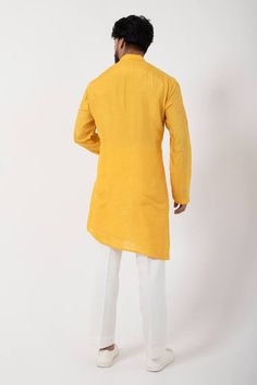 Yellow straight asymmetric kurta with floral thread embroidery. Paired with solid straight pant. - Aza Fashions Spring Kurta With Dabka In Traditional Drape, Spring Dabka Traditional Drape Kurta, Diwali Linen Straight Kurta, Cotton Sherwani With Traditional Drape For Spring, Spring Cotton Sherwani With Traditional Drape, Traditional Linen Kurta For Eid, Fitted Linen Kurta With Chikankari Embroidery, Designer Linen Kurta For Eid, Designer Linen Straight Kurta