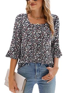 PRICES MAY VARY. [Material]: Poetsky Womens 3/4 sleeve tops and blouses are Soft and stretchy, breathable, comfortable to wear, not see throught, not clingy. [Features]: Solid Color and Pretty Floral Print Style, Trendy Square neck shirts for women, 3/4 Ruffle sleeves womens tops, Loose Casual Tunic Tops, Long enough flowy hem to hide belly and hips, All year around cute tops. [Match]: This womens 3/4 Sleeve T Shirt is basic and stylish, can match with jeans, leggings, shorts, skirts and sweatpa Fitted Tunic, Leggings Shorts, Tunic Tops Casual, Country Concerts, Shorts Skirts, Jeans Leggings, Print Style, Ruffle Sleeves, Tunic Blouse