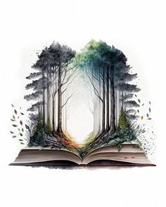 an open book with trees and leaves on it