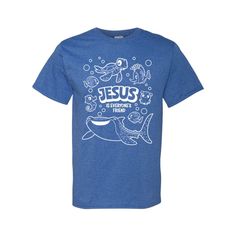 Show appreciation to Under the Sea VBS volunteers and team leaders by handing out these comfy t-shirts! Printed with "Jesus is Everyone's Friend" messaging and a myriad of ocean animals, this eye-catching shirt will help kids identify who is in charge during their week of faith and fun. Shop for more matching VBS apparel and supplies on this website. © OTC

o Fits sizes 38-40.
o Brand: Fruit of the Loom.
o Short sleeve
o 50/50 cotton/polyester, 5 oz.
o Seamless 1x1 ribbed collar
o Shoulder-to-shoulder taping
o Double-needle stitched sleeves, bottom hem and front neck
o Quarter-turned
o Tearaway label
o Need more? With our tees, we've got your back (and front)! To order in bulk for any size group, just call 1-877-513-0384. Or, give us a ring if you'd like to easily customize any of our pre- Vbs 2024, Show Appreciation, Graduation Ideas, Ocean Animals, Help Kids, Jesus Is, Fruit Of The Loom, The Loom, 50 50