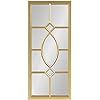 a glass door with an intricate design on the front and side panels, in gold