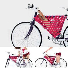 an image of a woman riding a bike with a red and white basket on it