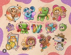 cartoon stickers are displayed on a wooden surface with the words w and various characters