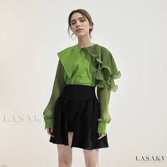 Lasaky - Irregular Patchwork Loose Long-Sleeve Shirt with Waist Belt, featuring an Elegant Wrap Collar, Pleated Ruffles, and Flared Hem Asymmetrical Patchwork Spring Blouse, Spring Office Blouse With Patchwork, Spring Office Patchwork Blouse, Long Sleeve Patchwork Blouse For Party, Loose Fit Blouse, Loose Long Sleeve, Style Cardigan, Lantern Sleeves, Olivia Mark