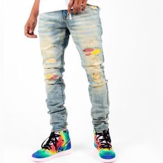 Thrt Denim Balvin (Balvin) Blue Red Yellow Ripped Skinny Jeans Urban Spring Jeans With Zipper Closure, Urban Denim Blue Jeans, Dark Wash Jeans With Zipper For Streetwear, Urban Jeans With Zipper Closure For Spring, Urban Blue Jeans With Zipper Closure, Streetwear Medium Wash Jeans With Zip Fly, Medium Wash Jeans With Zip Fly For Streetwear, Blue Denim Jeans With Zip Fly, Blue Cotton Jeans With Zip Fly