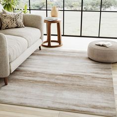 a living room with a couch, coffee table and large window