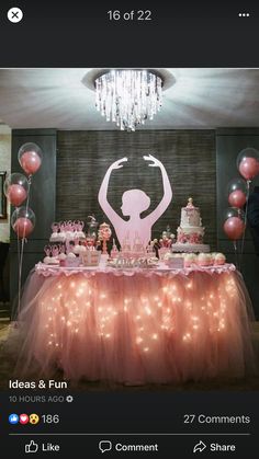 the table is decorated with pink and white decorations