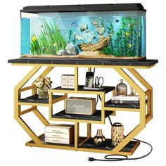 a fish tank sitting on top of a shelf