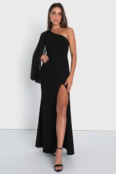 Black Maxi Dress - Cape Sleeve Dress - One-Shoulder Maxi Dress - Lulus Long Sleeve One Shoulder Dress, Black Long Dress Elegant, Off The Shoulder Dress Formal, Gala Dresses Long, Prom Dress Shops, One Shoulder Long Sleeve Dress, Black Wedding Guest Dresses, Cape Sleeve Dress, Fall Ball