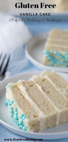 there is a piece of cake that is on the plate and has blue beads around it