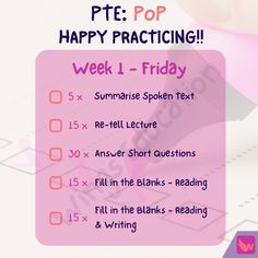 a pink poster with the words happy practicing week 1 - friday written in english and spanish