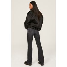 Black denim (98% Cotton, 2% Elastane). Jeans. Front zipper fly with button closure. 34" inseam. 12" rise. 13" leg opening. Made in the USA of imported fabric. Mid-rise Jeans With Zipper Closure For Fall, Trendy Zip Fly Jeans For Fall, Edgy Bottoms With Button Closure For Fall, High-waist Flare Jeans With Zipper Closure For Fall, Fall Flare Jeans For Streetwear, Dark Wash Zip Fly Pants For Spring, Fall Straight Leg Jeans With Zipper Closure, Spring Dark Wash Pants With Zip Fly, Black Jeans With Zipper Closure For Fall