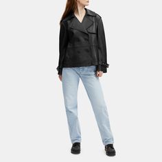 100% lamb leather Lining: 58% polyester 42% viscose Button closure Slip pockets Length: 25 1/4 Model is 5'10 (178cm) chest 31 (79cm) waist 24 (61cm) hips 35 (89cm) and wears a size S Style No. CL357 Trendy Leather Jacket With Lapel Collar, Chic Button-up Leather Jacket, Chic Leather Outerwear With Pockets, Chic Spring Leather Jacket With Button Closure, Spring Chic Leather Jacket With Button Closure, Leather Outerwear With Lapel Collar For Spring, Spring Leather Outerwear With Lapel Collar, Modern Leather Outerwear With Hidden Button Closure, Sleek Leather Outerwear With Buttons