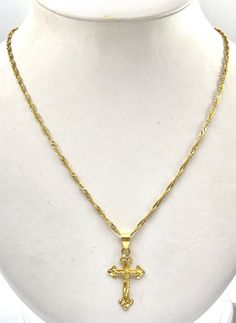 SOLID 21 k yellow gold cross on a twist chain necklace ( made in arabic country) necklace measures width ( mm): 2.5  mm necklace 20" length  size cross ( mm) : 35 x 18 weighs (grams ): 9.5 marked:  21k ( arabic letter = company) retail value $ 1900 sales tax collected by ebay all REASONABLE OFFERS will be considered ( items which are returned used , worn or not in the original condition received or if the security tags are removed or tampered will only receive a refund of 50 percent of the origi Country Necklace, In Arabic, Chains Necklaces, Gold Cross, Sales Tax, Fine Jewellery Necklace, Jewelry Necklace Pendant, Jewelry Watches, Chain Necklace