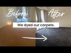 before and after photos of an empty living room with carpeted flooring, window curtains, and sliding glass doors