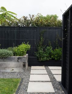 an outdoor garden with stepping stones and plants in the back yard, surrounded by black fence