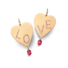 Say it with sweet sapphires! Two stunning oversized hearts spell out LO-VE in softly sparkling pink sapphires. Playfully dangling deep pink spinels add to the celebration Solid 14k gold 23mm at widest point This piece is handcrafted to order in New York by master jewelers and requires several steps to complete. Please Pink Heart-shaped Gemstone Earrings, Pink Heart Gemstone Earrings, Wedding Pink Sapphire Earrings, Luxury Pink Jeweled Jewelry, Luxury Heart Charm Jewelry For Party, Luxury Pink Jewelry With Heart Charm, Pink Jeweled Jewelry For Anniversary, Luxury Party Jewelry With Heart Charm, Pink Fine Jewelry For Celebrations