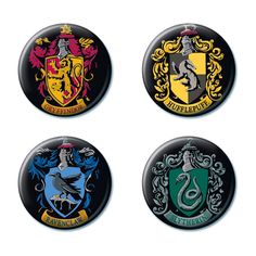 four harry potter badges are shown in three different colors