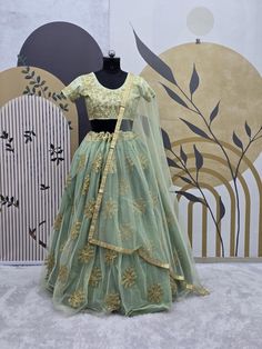 Unique Olive Green Colour Embroidered Attractive Party Wear Silk Lehenga choli has a Regular-fit and is Made From High-Grade Fabrics And Yarn. 💃 Lehnga Fabric :- Net 💃 Dupatta Fabric :- Heavy Butterfly Net With Fancy Border Work (dupatta size 2.40 meter) 💃 Blouse Fabric :- Jalbari Silk 💃 Lehenga Inner :- Micro Silk 💃 Colour  :- Unique Olive Green    💃 Blouse Work :- Sequence 3mm Work, Embroidery Work, Coding Work, Zari Work. 💃 Lehenga Work :- Sequence 3mm Work, Embroidery Work, Coding Wor Pista Green Organza Lehenga With Resham Embroidery, Pista Green Lehenga With Resham Embroidery In Organza, Pista Green Organza Choli With Sheer Dupatta, Green Organza Lehenga With Zari Work, Green Resham Embroidery Lehenga For Party Wear, Green Organza Choli With Resham Embroidery, Party Wear Green Lehenga With Resham Embroidery, Anarkali Style Green Organza Lehenga, Anarkali Green Organza Lehenga