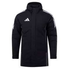 adidas Tiro 24 Parka. Stay warm on the sidelines in this cozy padded jacket. - Full zip/button closure. - Fleece lining. - Attached hood. - Side zip pockets. - Heat applied logo. 100% Polyester. Functional Sports Winter Parka, Black Winter Sports Parka, Functional Winter Sports Parka, Functional Winter Parka For Outdoor Activities, Functional Adidas Outerwear For Sports Events, Adidas Sportswear For Sports Events, Sporty Black Parka With Adjustable Hood, Sporty Winter Parka For Sports, Black Sportswear Outerwear With Fleece Lining