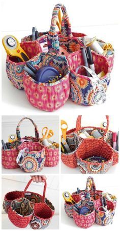 several pictures of different baskets with scissors in them