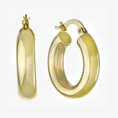 These 14K gold over brass hoop earrings add a simple and bold statement to any jewelry collection. Hoop earrings are crafted in 14K gold over brass, 25.6mm in length and have a hinged closure. With the simple hoop design, these hoop earrings will become a staple in your jewelry collection. With the simple and sleek design, these hoop earrings can be worn with your everyday wardrobe choices. Wipe hoop earrings clean with a soft cloth.Included: 1 Pair of EarringsFeatures: Nickel FreeEarring Back: Small Gold-tone Hoop Earrings With Polished Finish, Small Gold-tone Polished Hoop Earrings, Modern Gold Hoop Huggie Earrings, Gold Small Hoop Earrings With Polished Finish, Classic Brass Hoop Huggie Earrings, Classic Brass Hoop Earrings For Anniversary, Classic Gold Hoop Earrings With Ear Wire, Modern Brass Hoop Earrings For Anniversary, Gold Polished Hoop Earrings