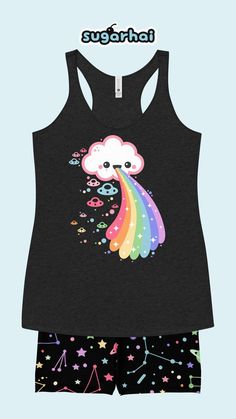 cute spacey shorts with puking rainbow cloud tank top by sugarhai Grunge Shirts, Shirts Kawaii, Cloud Aesthetic, Kawaii Rainbow, Summer Goth, Grunge Shirt, Rainbow Cloud, Clothing Cute, Cute Pastel