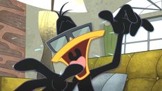 an animated image of a cartoon character with his mouth open and hands in the air