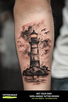 Stunning Lighthouse Tattoo Inspirations for Your Ink Collection Lighthouse Sleeve Tattoo Women, Lighthouse Tattoo Men, Small Lighthouse Tattoo, Lighthouse Tattoo Ideas, Lighthouse Tattoo Meaning, Lighthouse Tattoos, Tattoo Chart, Nautical Tattoos, First Time Tattoos