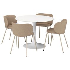 a white table with four beige chairs around it and a round dining table in the middle