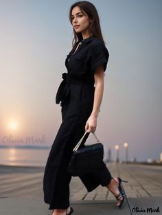 Olivia Mark - Stylish, High-Waisted Black Jumpsuit with Wide-Legged Design and Waist-Slimming Effect Collar Jumpsuit, Culotte Jumpsuit, Slim Waist, Wide Leg Jumpsuit, Cinched Waist, Black Jumpsuit, Olivia Mark, Wide Leg Trousers, High Waisted Pants