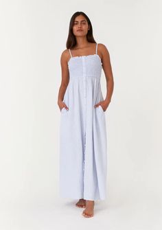 Women's Sleeveless Light Blue Bohemian Cotton Maxi Dress | LOVESTITCH Chic Linen Smocked Dress For Summer, Chic Summer Linen Smocked Dress, Summer Maxi Dress With Smocked Bodice And Straight Neckline, Spring Maxi Dress With Smocked Bodice And Straight Neckline, Summer Smocked Cotton Dress With Adjustable Straps, Fitted Linen Smocked Dress For Summer, Spring Cotton Smocked Dress With Adjustable Straps, Summer Maxi Dress With Straight Neckline For Daywear, Summer Maxi Dress With Smocked Bodice For Daywear