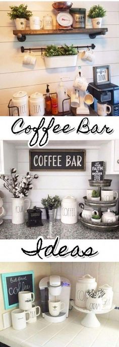 coffee bar with two shelves above the counter