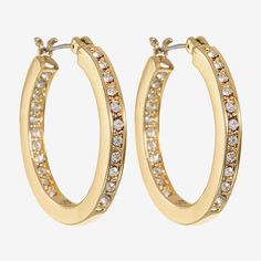 The clear sparkling crystals on these gold-tone earrings bring basic hoops to the next level.Stones: CrystalsJewelry photos are enlarged to show detail.Included: 1 Pair of EarringsFeatures: HypoallergenicEarring Back: PostMetal Color: Gold ToneCare: Wipe CleanEarrings Style: Hoop EarringsMetal: ZincCountry of Origin: Imported Everyday Gold Jewelry With Channel Set, Everyday Gold Channel Set Jewelry, Sparkling Stones Hoop Earrings, Classic Gold Hoop Earrings Channel Set, Classic Gold Channel Set Hoop Earrings, Gold Hoop Earrings With Diamond Accents For Everyday, Classic Gold Hoop Earrings With Sparkling Stones, Everyday Gold Hoop Earrings With Sparkling Stones, Earrings Hoop