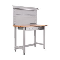 a metal workbench with a wooden top and drawer on the bottom, in front of a white background