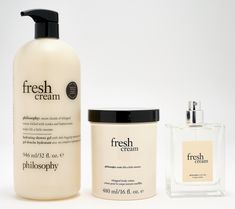 Indulge yourself in all fresh cream has to offer with this layering set from philosophy.\n\nThe 3-in-1 shampoo, bath, and shower gel works into a rich lather that leaves skin and hair feeling clean, soft, and delicately scented. Follow with the whipped body creme -- the formula includes a blend of moisturizing ingredients, leaving skin feeling soft and deliciously scented. Finish your layering experience with the matching eau de toilette to carry your scent throughout the day!\n\nfresh cream: an Philosophy Fresh Cream Lotion, Fresh Cream Body Wash, Body Wash Sets, Philosophy Body Care, Philosophy Vanilla Perfume, Shopping Wishlist Ideas, Philosophy Shampoo And Conditioner, Body Care Vanilla, Fresh Cream Philosophy