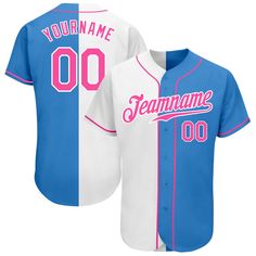 Custom Powder Blue Pink-White Authentic Split Fashion Baseball Jersey Pink Baseball Jersey, Blue Baseball Jersey With Team Name For Fans, Blue Varsity Jersey For Baseball Season, Blue Baseball Jersey For Baseball Season, Customizable Blue Varsity Jersey, Blue Baseball Season Jersey With Letter Print, Blue Baseball Jersey With Letter Print For Team Spirit, Blue Baseball Jersey With Team Name For Game Day, Blue Jersey With Letter Print For Baseball Season