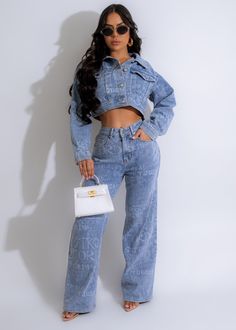 Trendy light denim pant set with heart design for casual wear Denim Sets Women, Wedding Swimwear, Diva Boutique, Event Outfit, Style Savvy, Denim And Lace, Casual Jumpsuit, Casual Work Outfits, Cropped Jacket