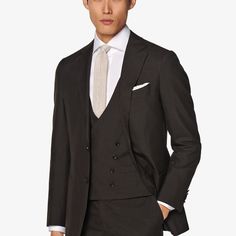 This refined double-breasted waistcoat is tailored slim with an 8-on-2 closure from a wool silk linen blend. Double-breasted Linen Suits For Tailoring, Linen Double-breasted Suit For Tailoring, Fitted Double-breasted Three-piece Suit For Semi-formal, Double-breasted Linen Suit With Notch Lapel, Three-piece Suit With Double Button Closure And Notch Lapel, Formal Fitted Double-breasted Three-piece Suit, Fitted Double-breasted Three-piece Suit For Work, Fitted Professional Double-breasted Suit, Linen Double-breasted Suit With Notch Lapel