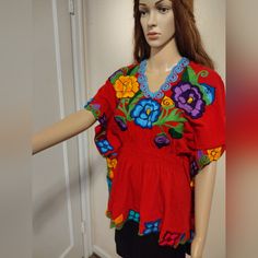 Very Beautiful Embroidery Top. Please See Last Photo With Sizing Info. Item Is One Size. Very Special Item. Red Bohemian Embroidered V-neck Top, Red Embroidered V-neck Blouse, Red V-neck Blouse With Floral Embroidery, Red Bohemian Short Sleeve Blouse, Red Short Sleeve Top With Floral Embroidery, Red V-neck Embroidered Summer Top, Red V-neck Embroidered Top For Summer, Traditional Red Short Sleeve Top, Traditional Red Top With Short Sleeves